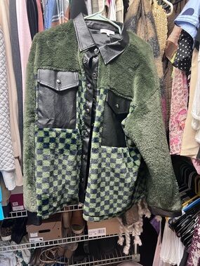 Ces Femme  Dark Green Checkerboard Faux Fur & Black Faux Leather Jacket